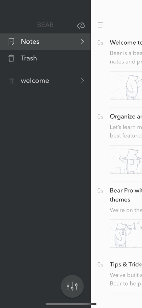 Bear notes Navigation menu screenshot