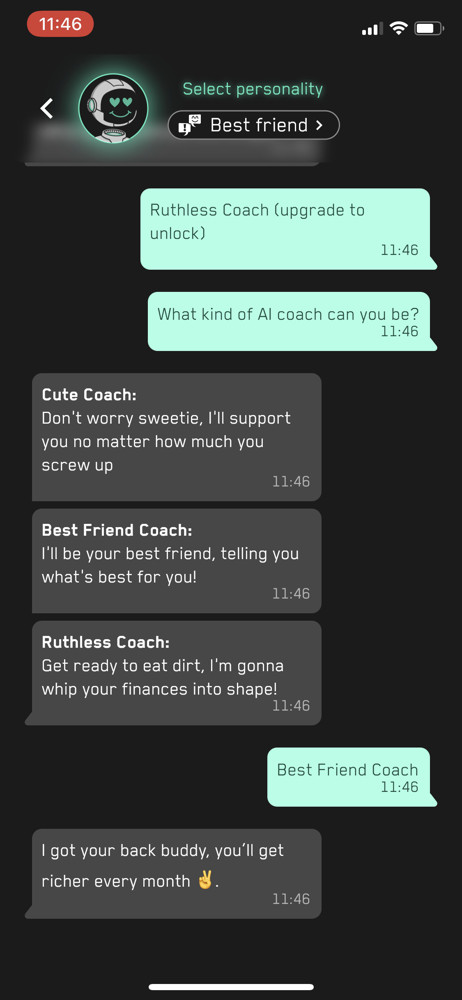 Cash Coach Chat bot screenshot