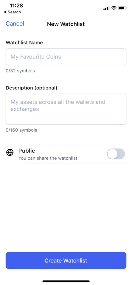 CoinMarketCap Create watchlist screenshot