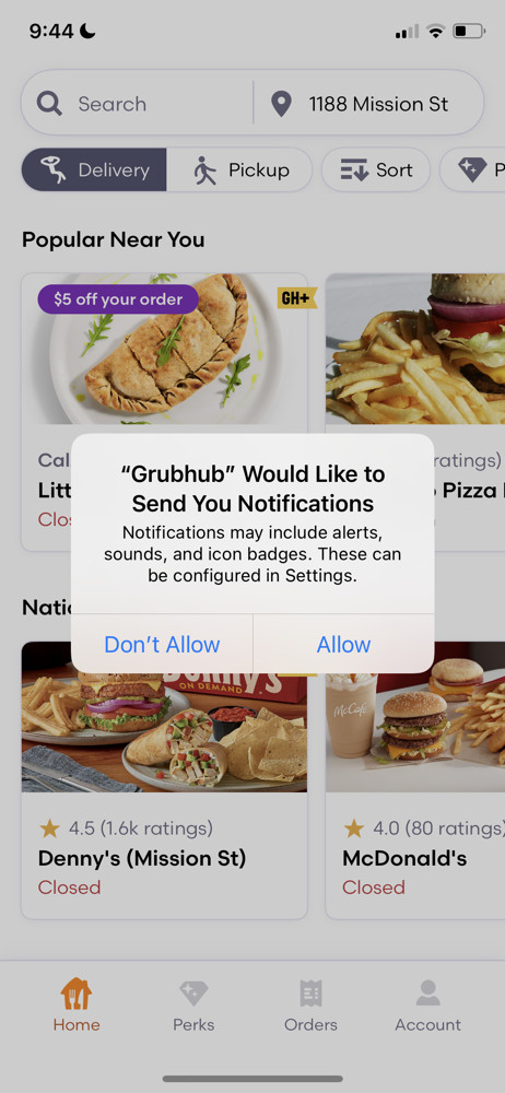 Grubhub Enable notifications screenshot