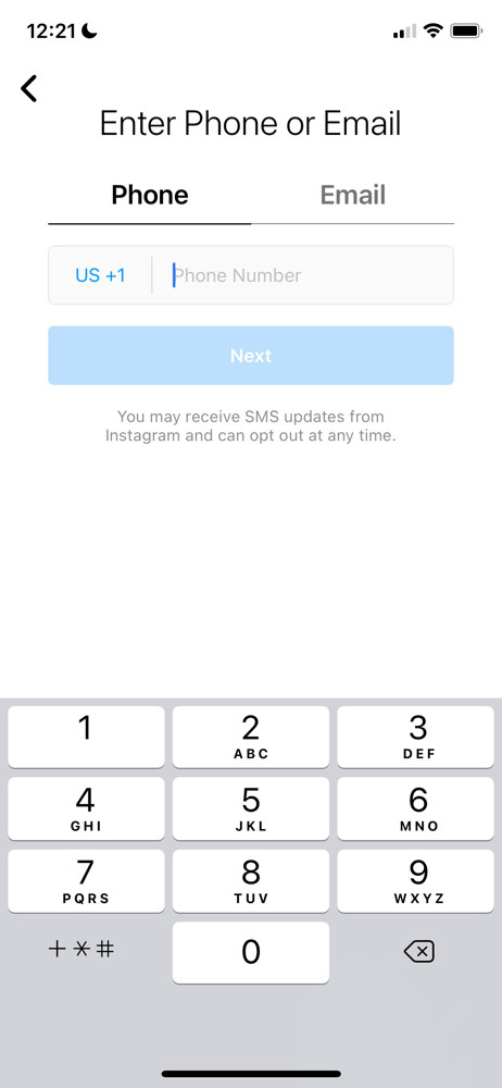 Instagram Enter phone number screenshot