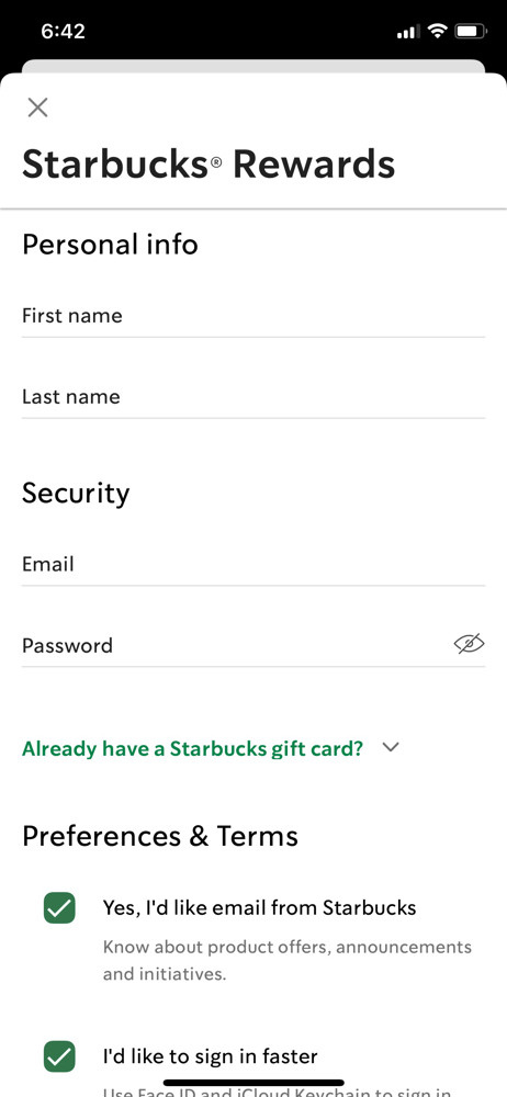 Starbucks Sign up screenshot