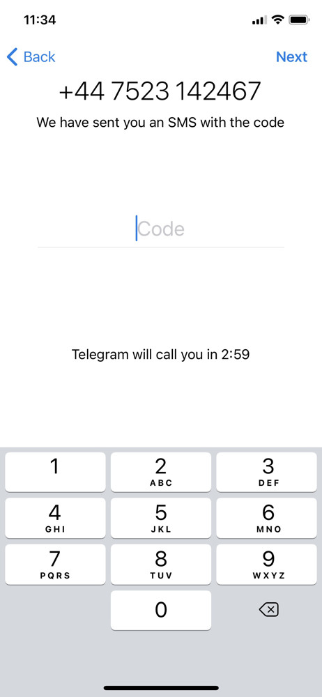 Telegram Enter verification code screenshot