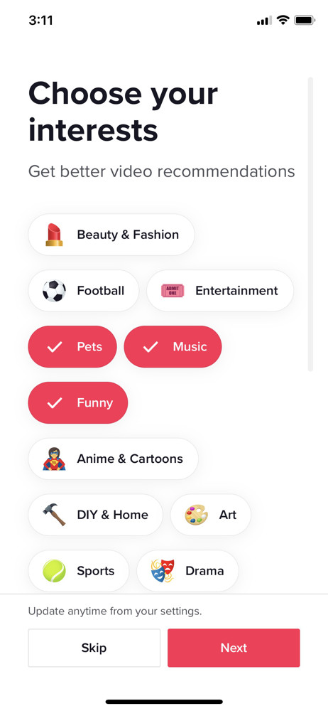 TikTok Select interests screenshot