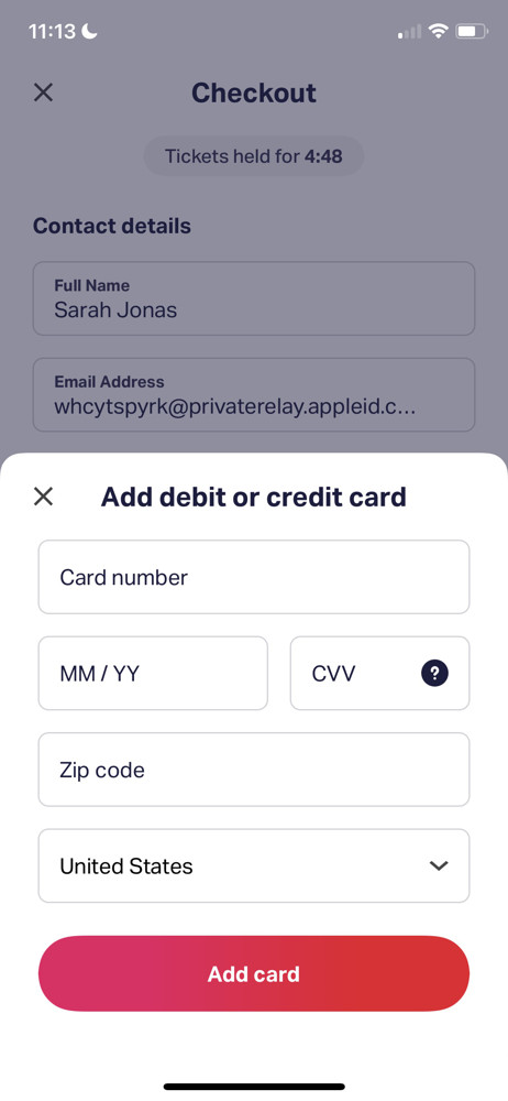 TodayTix Enter payment details screenshot