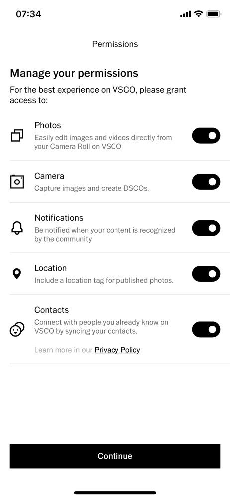 VSCO Permissions screenshot