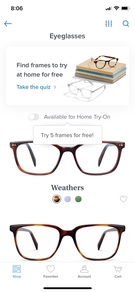 Warby Parker Store screenshot