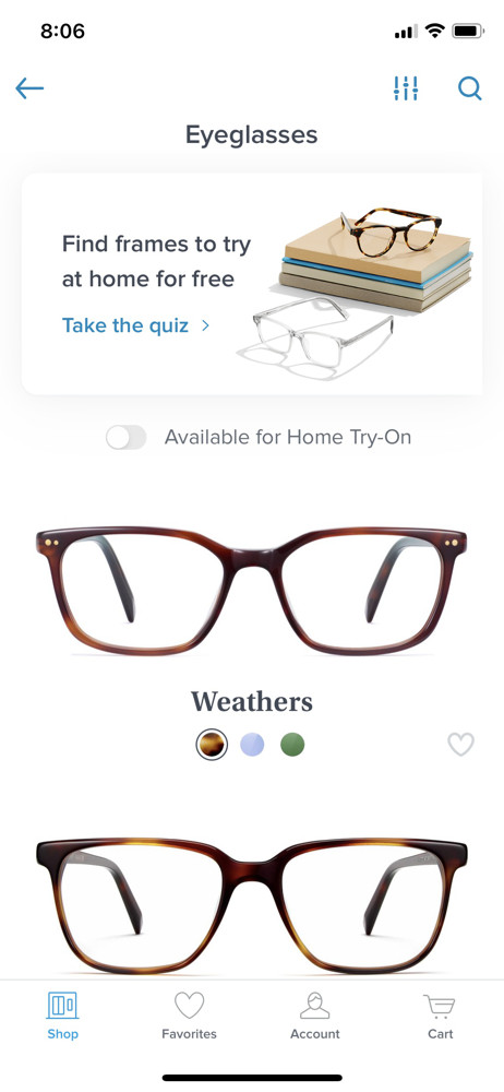 Warby Parker Store screenshot