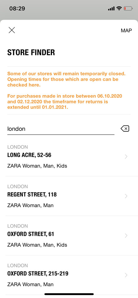 Zara Store finder screenshot